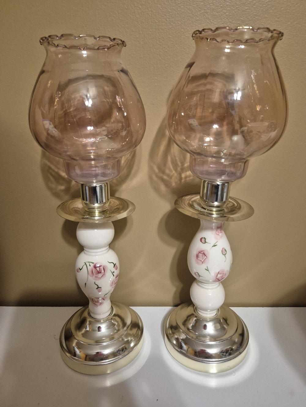 Set Of 2 Pink Floral Candle Stick Candle Holders